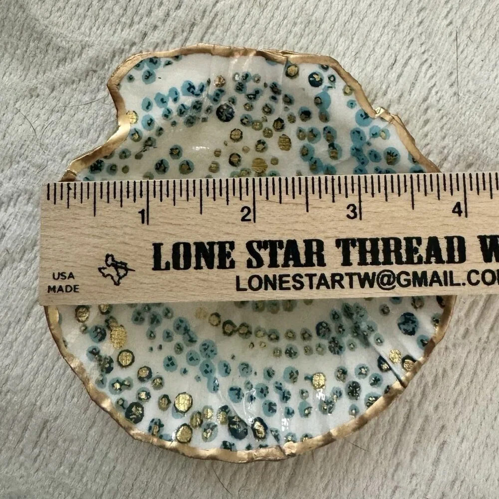 Handmade Decoupage Scallop Shell Trinket Dish Blue, Green Gold Dots - Picture 7 of 9